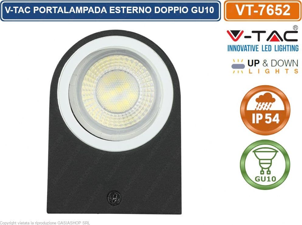 V-TAC VT-7652 PORTALAMPADA DOPPIO WALL LIGHT DA MURO PER 2 LAMPADINE GU10 IP44 NERO - SKU 7509 - 3
