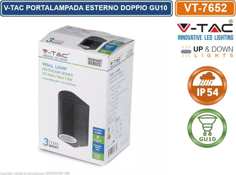 V-TAC VT-7652 PORTALAMPADA DOPPIO WALL LIGHT DA MURO PER 2 LAMPADINE GU10 IP44 NERO - SKU 7509 - 4