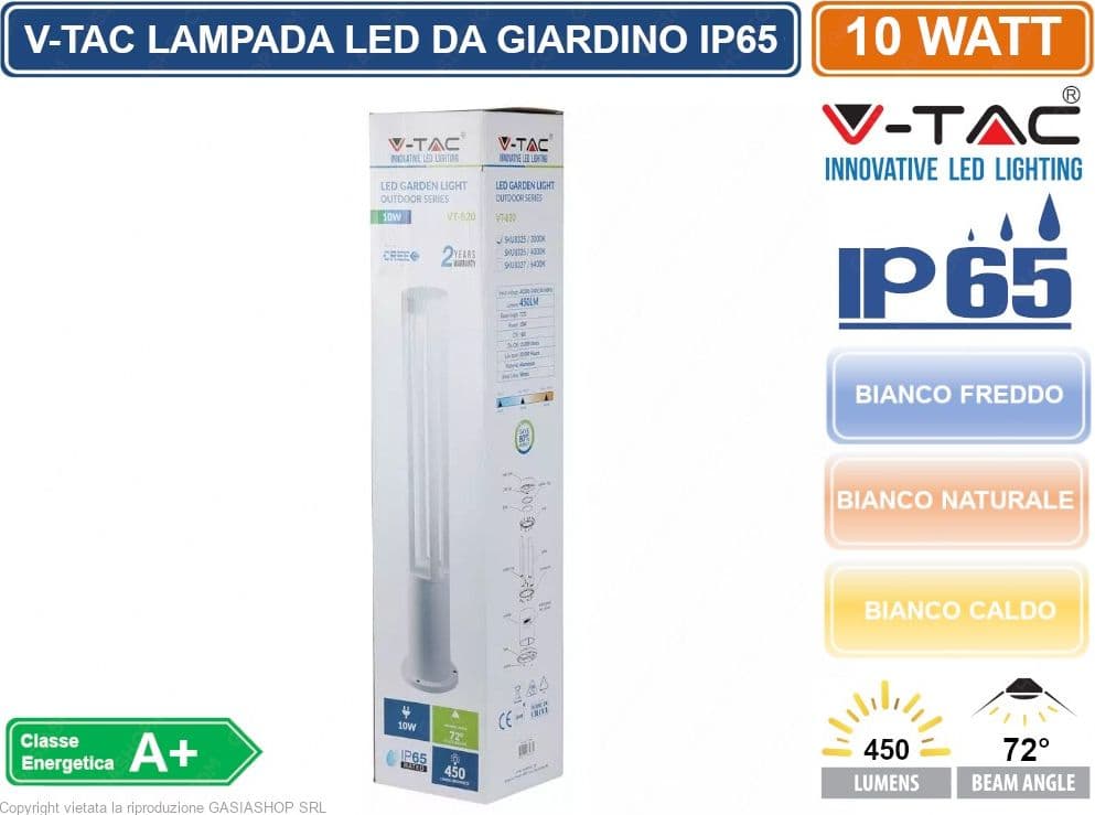 V-TAC VT-820 LAMPADA LED DA GIARDINO CON FISSAGGIO A TERRA 10W COLORE BIANCO IP65 - SKU 8325 / 8326 / 8327 DA ESTERNO IP65 - 3