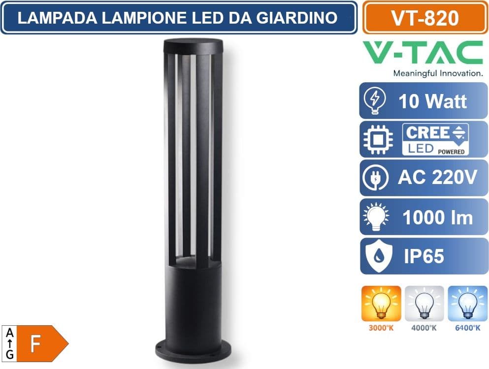 V-TAC VT-820 LAMPADA LED DA GIARDINO 10W COB CREE LAMPIONE BOLLARD DA TERRA IP65 COLORE NERO - SKU 128331 / 128332 / 128333 - 2
