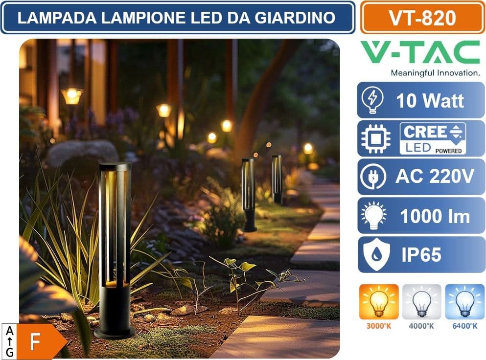 V-TAC VT-820 LAMPADA LED DA GIARDINO 10W COB CREE LAMPIONE BOLLARD DA TERRA IP65 COLORE NERO - SKU 128331 / 128332 / 128333 - 3