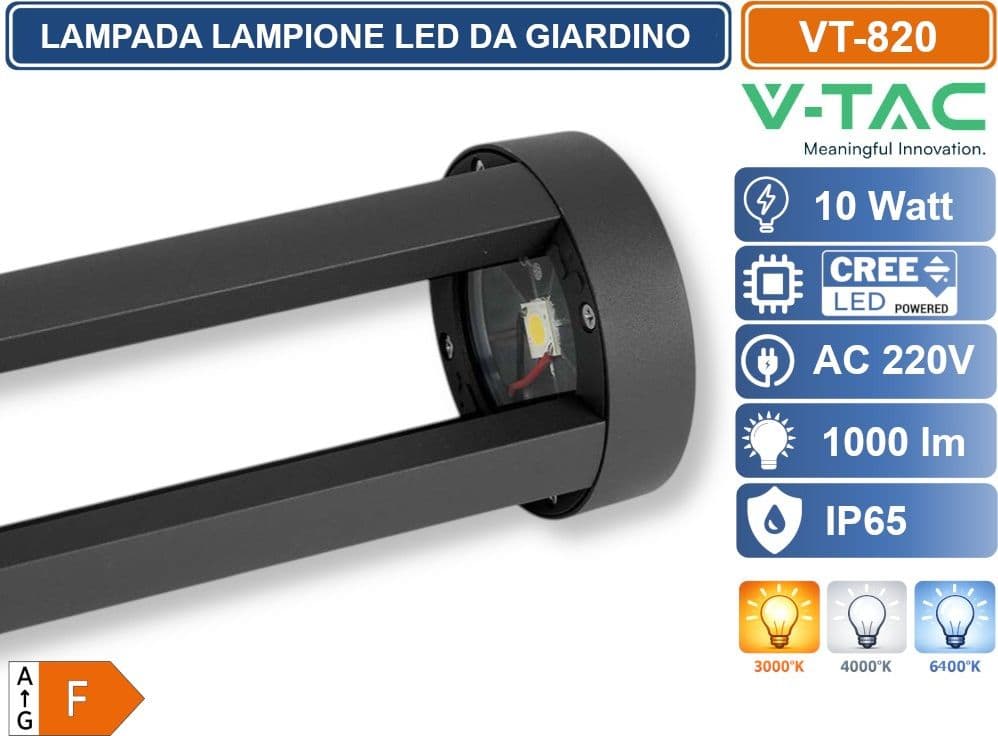 V-TAC VT-820 LAMPADA LED DA GIARDINO 10W COB CREE LAMPIONE BOLLARD DA TERRA IP65 COLORE NERO - SKU 128331 / 128332 / 128333 - 4