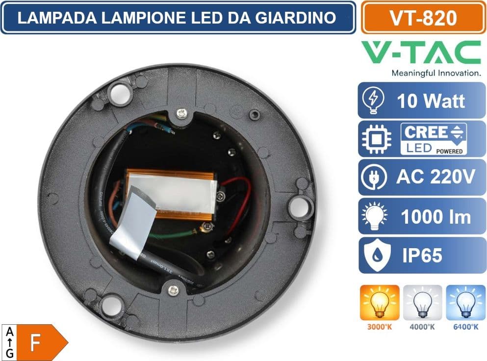 V-TAC VT-820 LAMPADA LED DA GIARDINO 10W COB CREE LAMPIONE BOLLARD DA TERRA IP65 COLORE NERO - SKU 128331 / 128332 / 128333 - 5