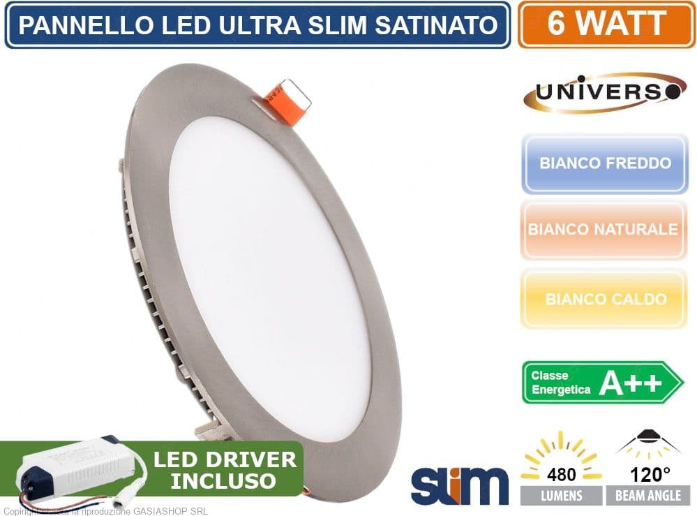 PANNELLO LED SMD ROTONDO 6W DA INCASSO SATINATO ULTRA SLIM COMPLETO DI DRIVER 3000K - 4000K - 6500K