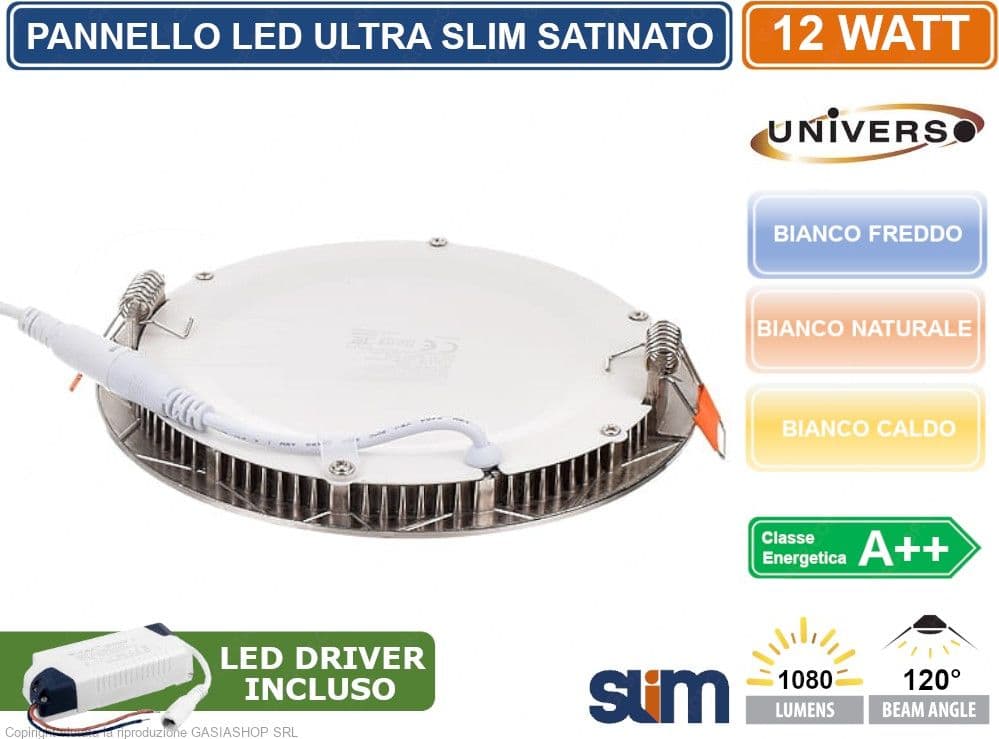 PANNELLO LED SMD ROTONDO 12W DA INCASSO SATINATO ULTRA SLIM COMPLETO DI DRIVER 3000K - 4000K - 6500K - 2