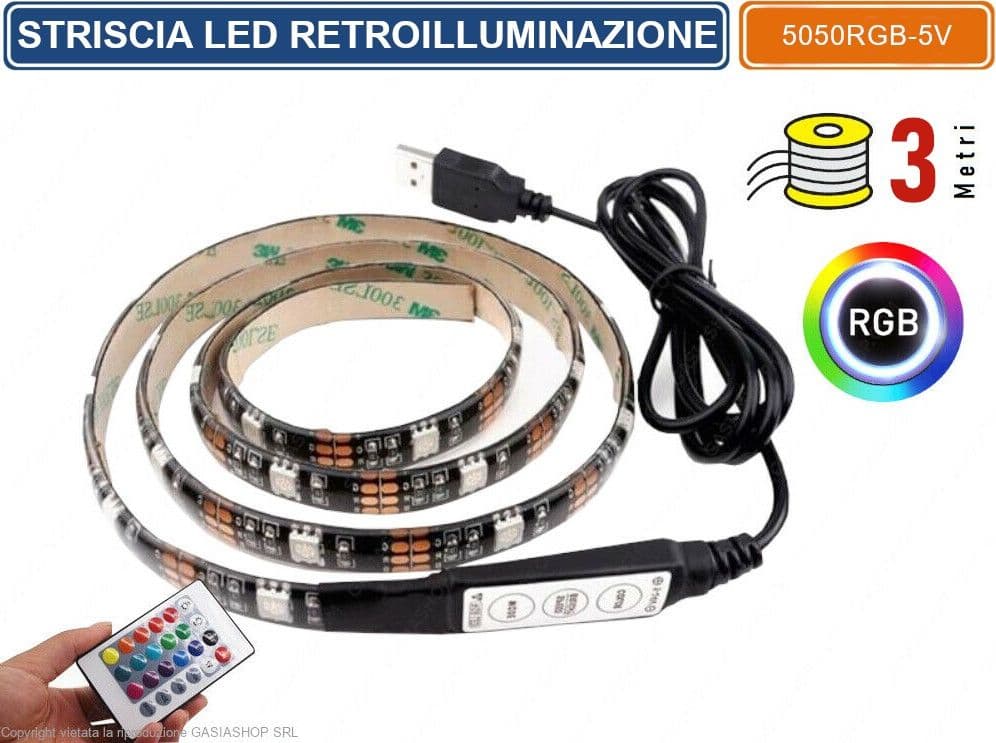 STRISCIA LED PER RETROILLUMINAZIONE TV E MONITOR RGB SMD 5050 3 METRI USB DC5V - 2