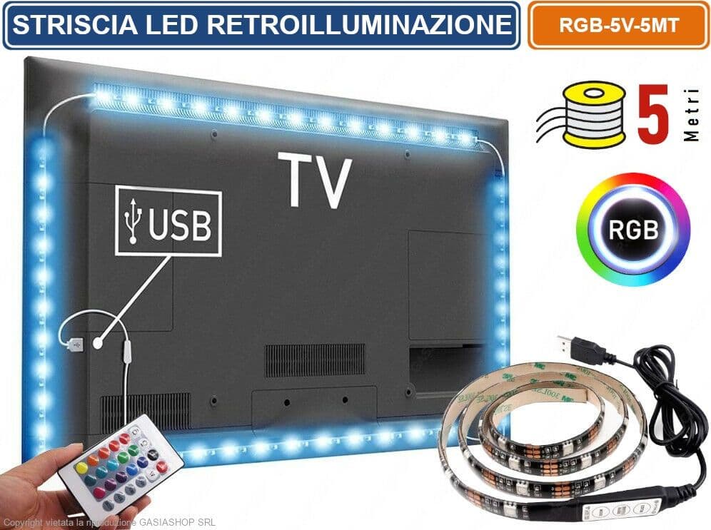 STRISCIA LED PER RETROILLUMINAZIONE TV E MONITOR RGB SMD 5050 5 METRI USB DC5V