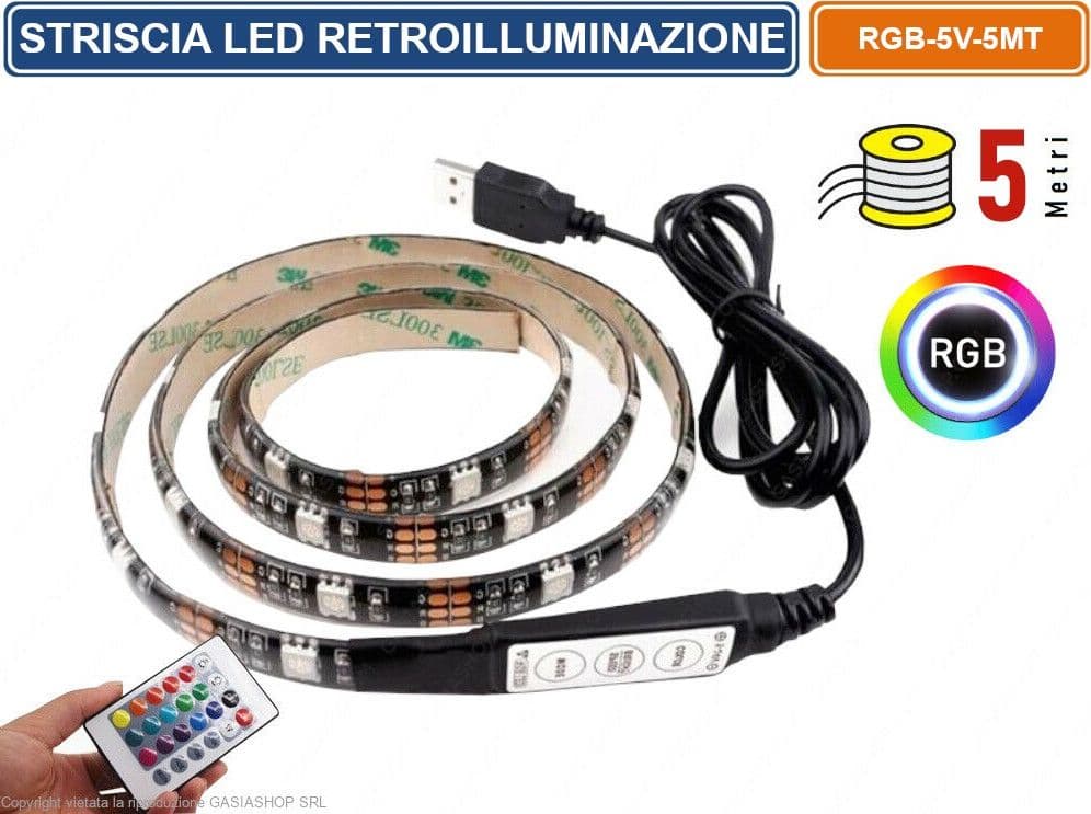 STRISCIA LED PER RETROILLUMINAZIONE TV E MONITOR RGB SMD 5050 5 METRI USB DC5V - 2