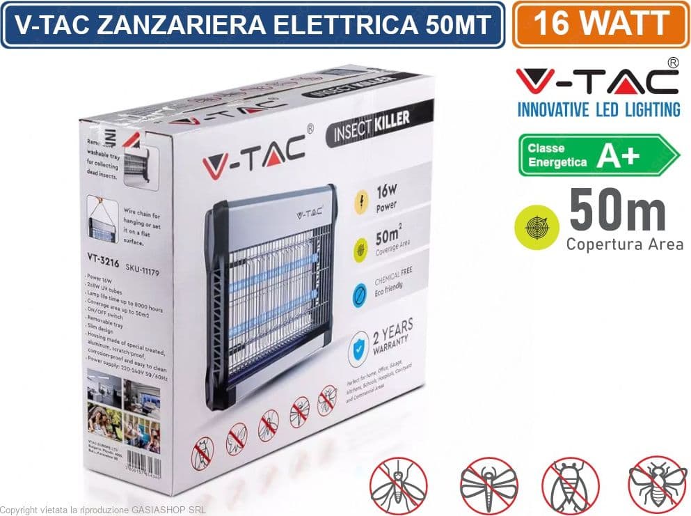 V-TAC VT-3216 ZANZARIERA ELETTRICA INSECT KILLER LAMPADA UV 16W LUCE BLU ATTIRA ED ELIMINA INSETTI - SKU 11179 - 2