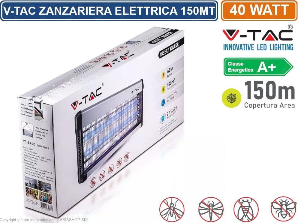 V-TAC VT-3240 ZANZARIERA ELETTRICA INSECT KILLER LAMPADA UV 40W LUCE BLU ATTIRA ED ELIMINA INSETTI - SKU 11182 - 2