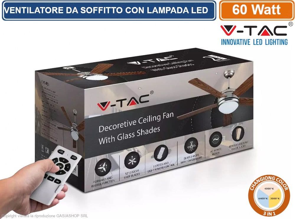 V-TAC VT-6052-5 VENTILATORE DA SOFFITTO 60W CON LAMPADA LED 15W 3IN1 CHANGING COLOR E TELECOMANDO - SKU 7913 - 2