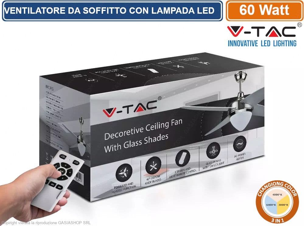 V-TAC VT-6043-4 VENTILATORE DA SOFFITTO 60W CON LAMPADA LED 15W 3IN1 CHANGING COLOR E TELECOMANDO - SKU 7915 - 2