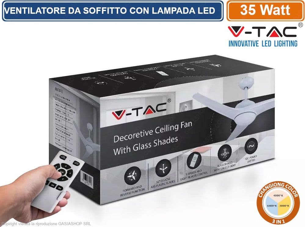 V-TAC VT-6055-3 VENTILATORE DA SOFFITTO 35W CON LAMPADA LED 15W 3IN1 CHANGING COLOR E TELECOMANDO - SKU 7919 - 2