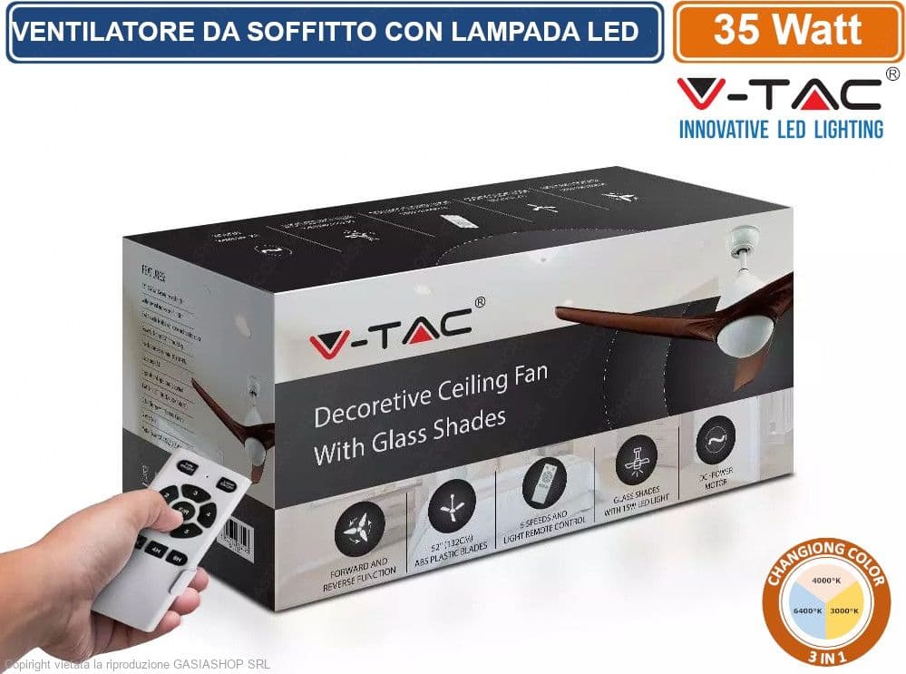 V-TAC VT-6055-3 VENTILATORE DA SOFFITTO 35W CON LAMPADA LED 15W 3IN1 CHANGING COLOR E TELECOMANDO - SKU 7920 - 2