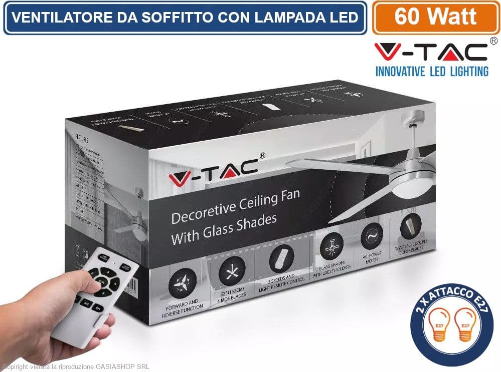 V-TAC VT-6054-4 VENTILATORE DA SOFFITTO 60W CON PORTALAMPADA PER LAMPADINE LED E27 E TELECOMANDO - SKU 7917 - 2