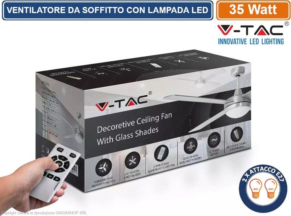 V-TAC VT-6054-4 VENTILATORE DA SOFFITTO 35W CON PORTALAMPADA PER LAMPADINE LED E27 E TELECOMANDO - SKU 7918 - 2