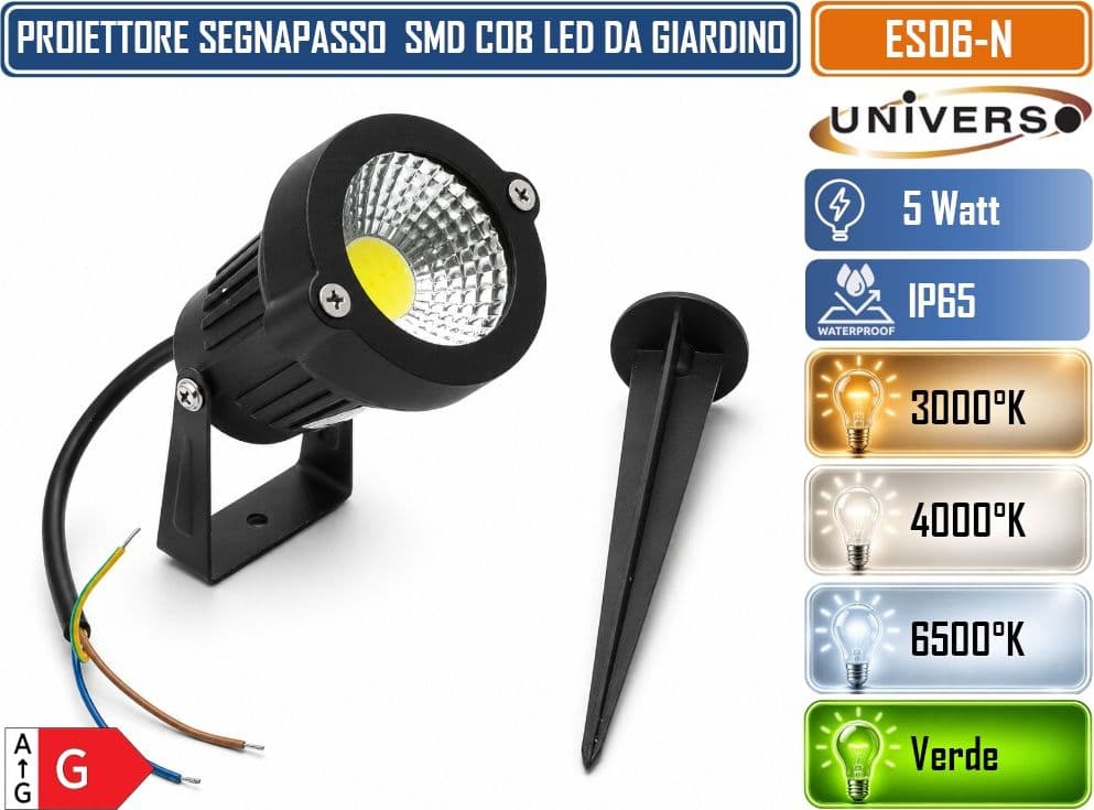 UNIVERSO ES06-N LAMPADA DA GIARDINO LED COB 5W CON PICCHETTO ORIENTABILE 360° IP65 660LM FASCIO 60° IN ALLUMINIO E VETRO – 3000K, 4000K, 6500K, VERDE