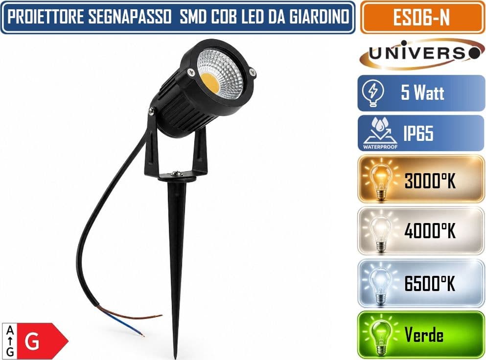 UNIVERSO ES06-N LAMPADA DA GIARDINO LED COB 5W CON PICCHETTO ORIENTABILE 360° IP65 660LM FASCIO 60° IN ALLUMINIO E VETRO – 3000K, 4000K, 6500K, VERDE - 2