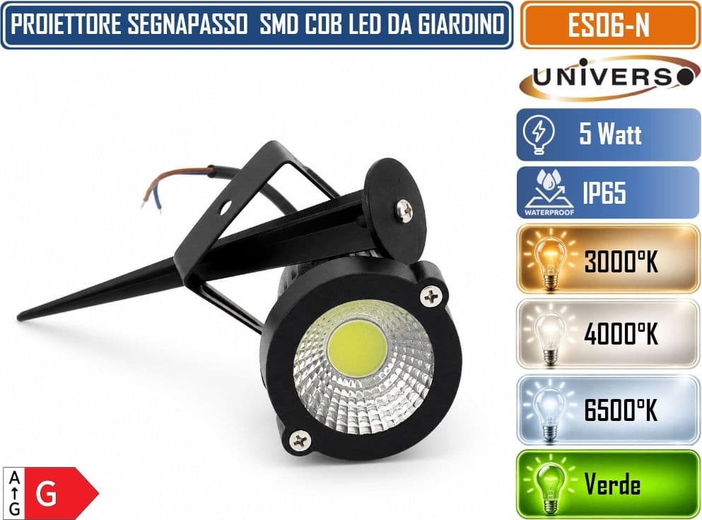 UNIVERSO ES06-N LAMPADA DA GIARDINO LED COB 5W CON PICCHETTO ORIENTABILE 360° IP65 660LM FASCIO 60° IN ALLUMINIO E VETRO – 3000K, 4000K, 6500K, VERDE - 3