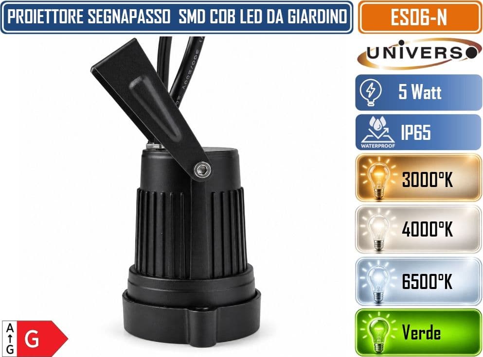 UNIVERSO ES06-N LAMPADA DA GIARDINO LED COB 5W CON PICCHETTO ORIENTABILE 360° IP65 660LM FASCIO 60° IN ALLUMINIO E VETRO – 3000K, 4000K, 6500K, VERDE - 4