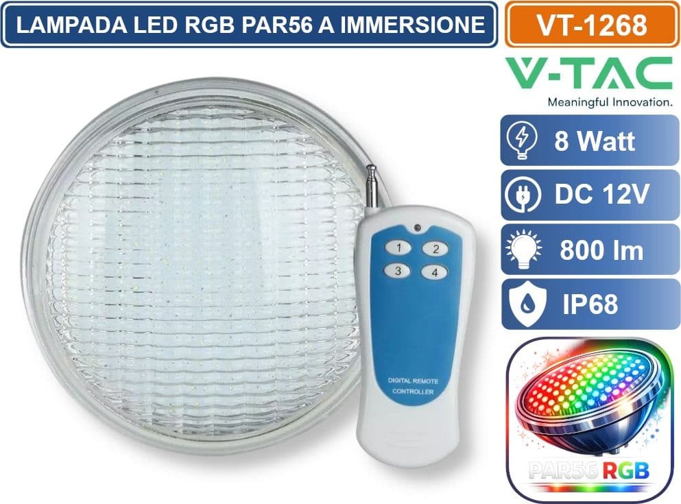 V-TAC VT-1268 LAMPADA LED RGB DA PISCINA PAR56 8W IP68 12V ATTACCO A VITE CON TELECOMANDO SKU 217558 - 2