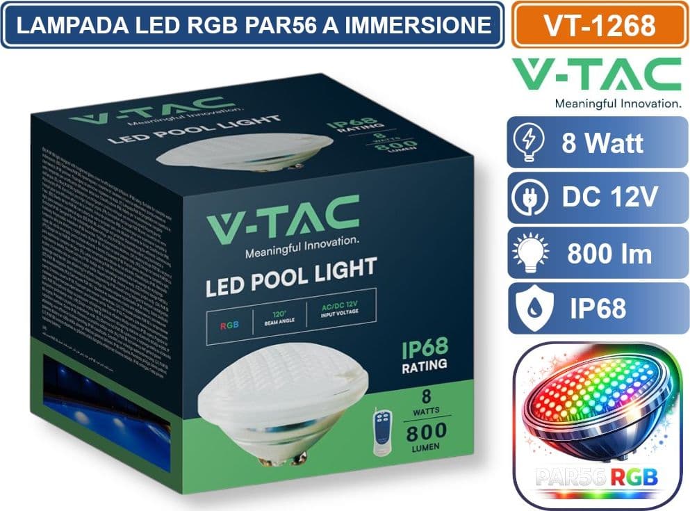 V-TAC VT-1268 LAMPADA LED RGB DA PISCINA PAR56 8W IP68 12V ATTACCO A VITE CON TELECOMANDO SKU 217558 - 5