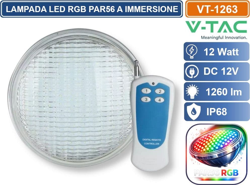 V-TAC VT-1263 LAMPADA LED RGB DA PISCINA PAR56 12W IP68 12V ATTACCO A VITE CON TELECOMANDO SKU 217562 - 2