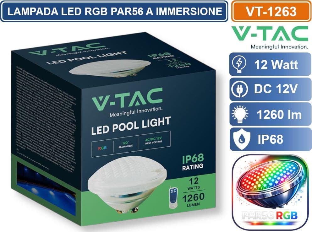 V-TAC VT-1263 LAMPADA LED RGB DA PISCINA PAR56 12W IP68 12V ATTACCO A VITE CON TELECOMANDO SKU 217562 - 5