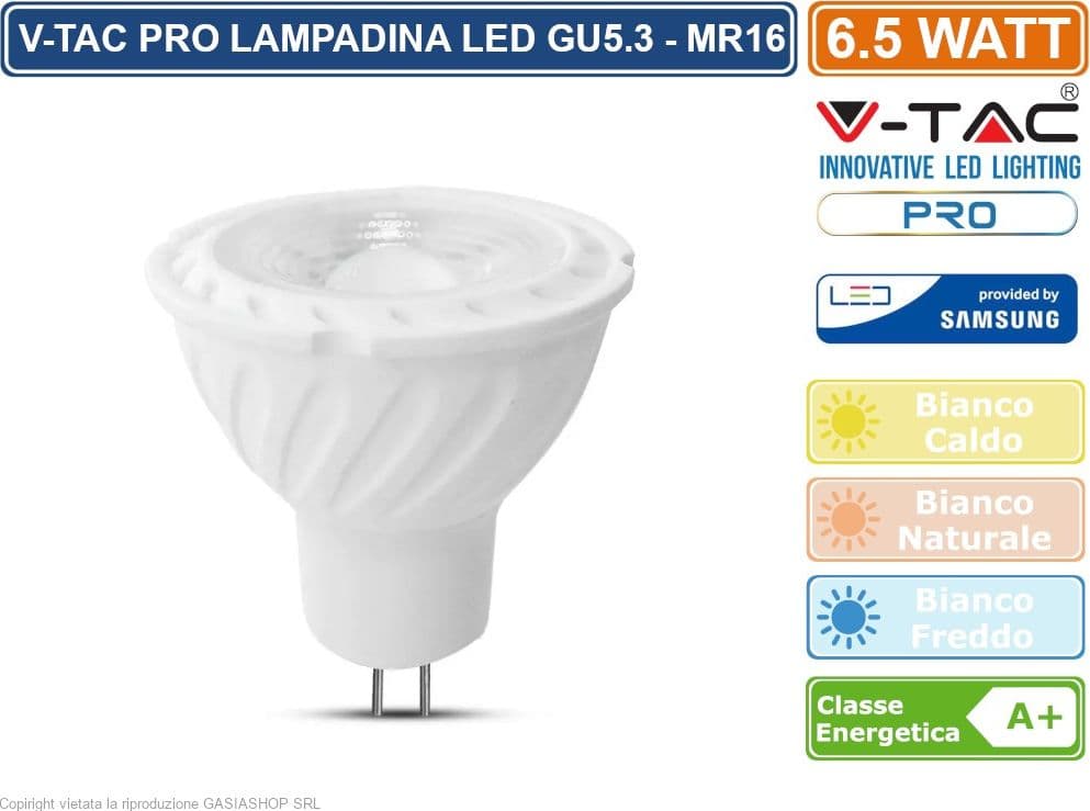 V-TAC PRO VT-267 LAMPADINA LED GU5.3 (MR16) 6,5W FARETTO SPOTLIGHT CHIP SAMSUNG - SKU 207 / 208 / 209 - 2