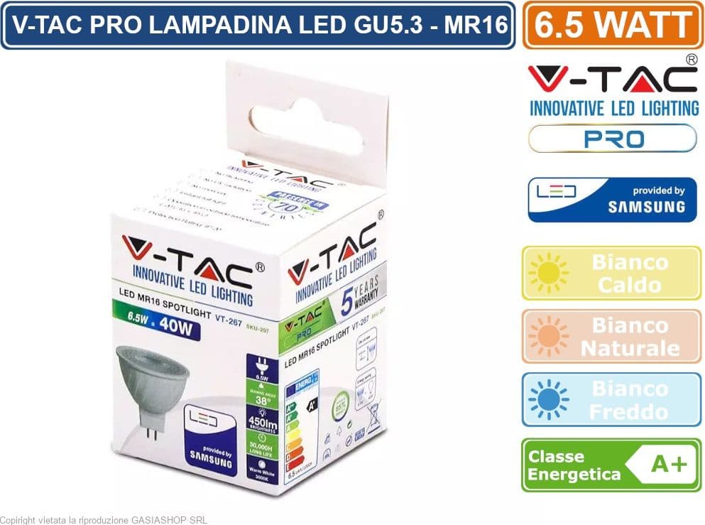 V-TAC PRO VT-267 LAMPADINA LED GU5.3 (MR16) 6,5W FARETTO SPOTLIGHT CHIP SAMSUNG - SKU 207 / 208 / 209 - 3
