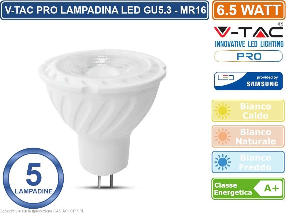 CONFEZIONE 5 PEZZI V-TAC PRO VT-267 LAMPADINA LED GU5.3 (MR16) 6,5W FARETTO SPOTLIGHT CHIP SAMSUNG - SKU 207 / 208 / 209 - 2