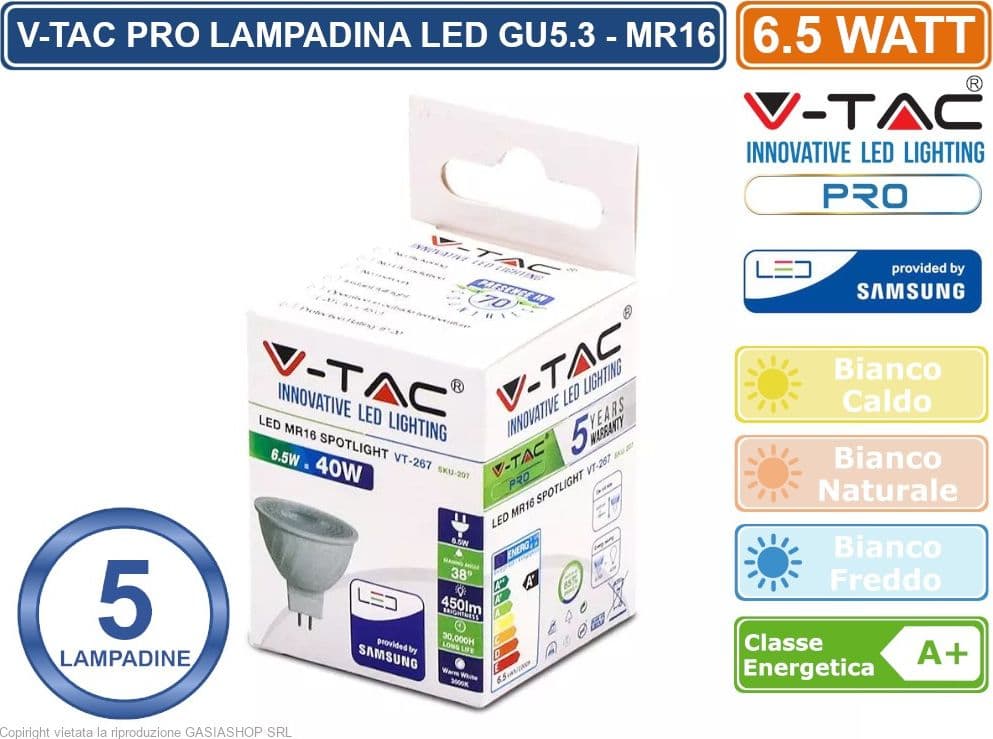 CONFEZIONE 5 PEZZI V-TAC PRO VT-267 LAMPADINA LED GU5.3 (MR16) 6,5W FARETTO SPOTLIGHT CHIP SAMSUNG - SKU 207 / 208 / 209 - 3