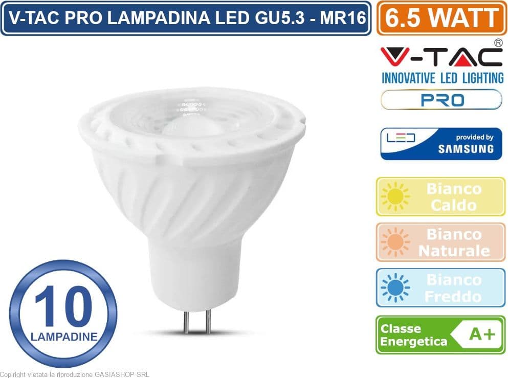 CONFEZIONE 10 PEZZI V-TAC PRO VT-267 LAMPADINA LED GU5.3 (MR16) 6,5W FARETTO SPOTLIGHT CHIP SAMSUNG - SKU 207 / 208 / 209 - 2