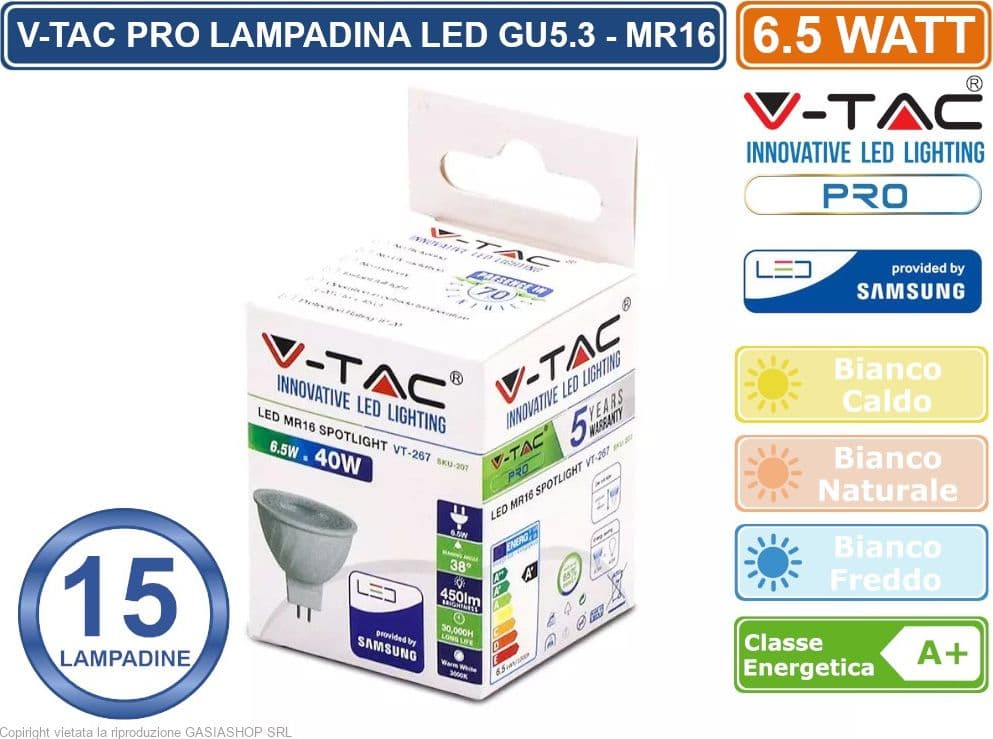 CONFEZIONE 15 PEZZI V-TAC PRO VT-267 LAMPADINA LED GU5.3 (MR16) 6,5W FARETTO SPOTLIGHT CHIP SAMSUNG - SKU 207 / 208 / 209 - 3