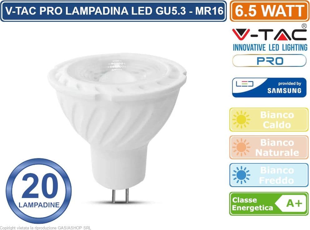 CONFEZIONE 20 PEZZI V-TAC PRO VT-267 LAMPADINA LED GU5.3 (MR16) 6,5W FARETTO SPOTLIGHT CHIP SAMSUNG - SKU 207 / 208 / 209 - 2