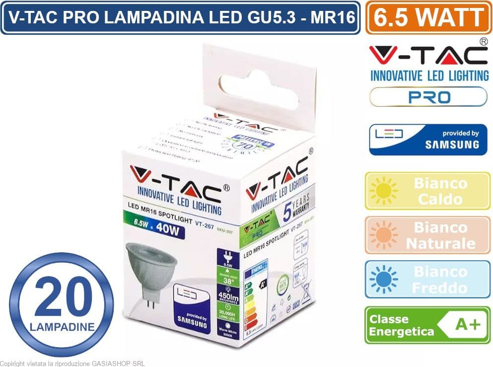 CONFEZIONE 20 PEZZI V-TAC PRO VT-267 LAMPADINA LED GU5.3 (MR16) 6,5W FARETTO SPOTLIGHT CHIP SAMSUNG - SKU 207 / 208 / 209 - 3