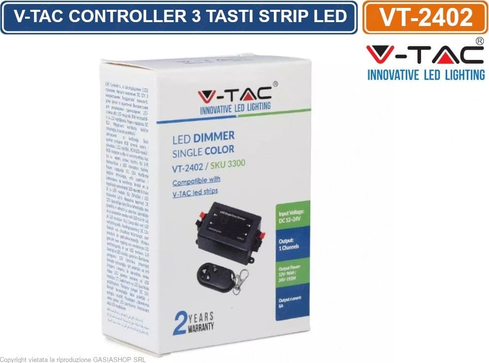 V-TAC VT-2402 CONTROLLER PER STRISCE LED CON TELECOMANDO 3 TASTI - SKU 3300 - 3