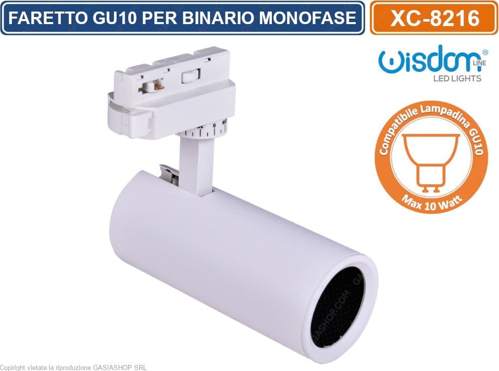 PORTAFARETTO LED PER BINARIO MONOFASE COMPATIBILE LAMPADINE GU10 DI COLORE BIANCO
