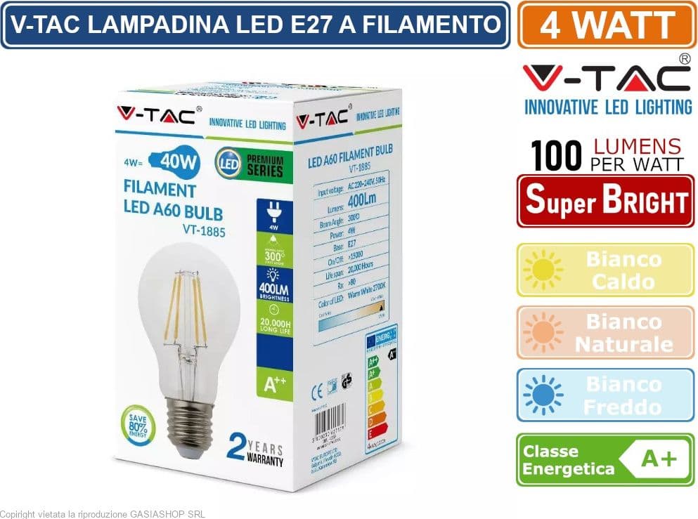 V-TAC VT-1885 LAMPADA LAMPADINA LED E27 4W BULB A60 FILAMENTO 300° 400 LUMEN - SKU 4259 / 7119 / 7120 - 2