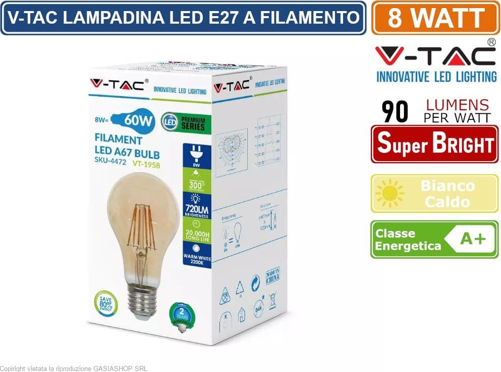 V-TAC VT-1958 LAMPADINA LED E27 8W BULB A67 FILAMENTO AMBRATA - SKU 4472 - 2