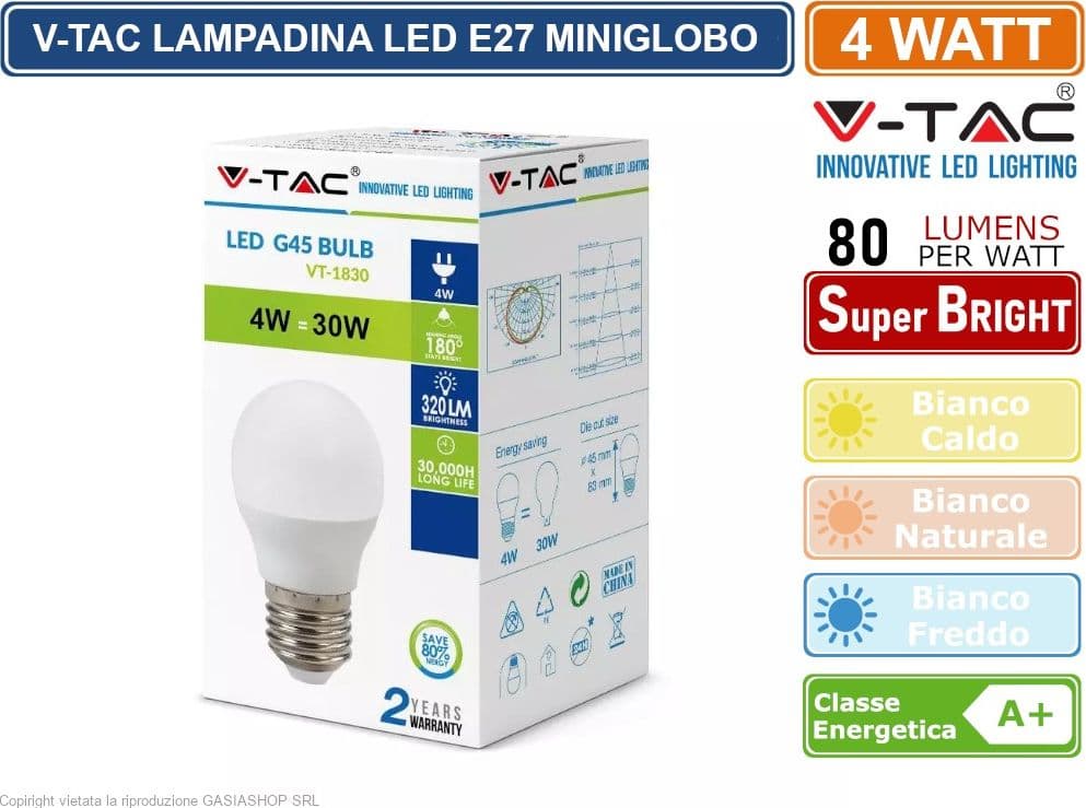 CONFEZIONE 15 PEZZI V-TAC VT-1830 LAMPADINA LED E27 4W MINIGLOBO G45 - SKU 4160 / 4162 / 4207 - 2
