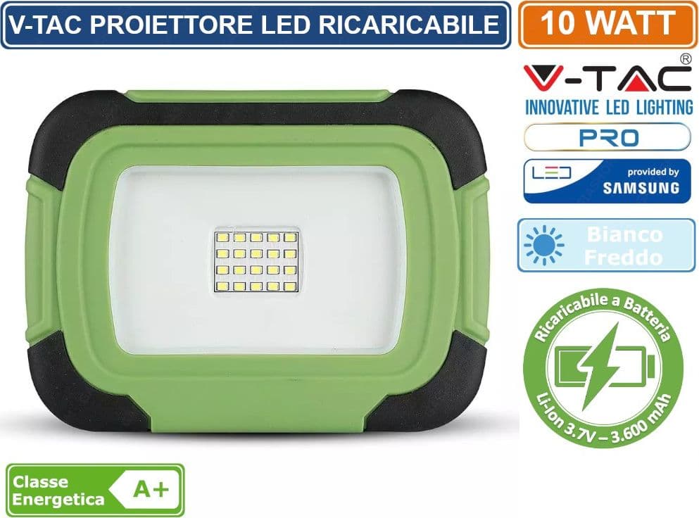 V-TAC PRO VT-10-R FARO LED SMD 10W IP44 RICARICABILE A BATTERIA CON CHIP SAMSUNG BIANCO FREDDO SKU 503 - 2