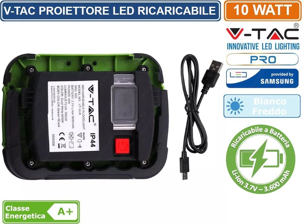 V-TAC PRO VT-10-R FARO LED SMD 10W IP44 RICARICABILE A BATTERIA CON CHIP SAMSUNG BIANCO FREDDO SKU 503 - 3