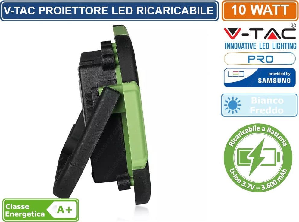 V-TAC PRO VT-10-R FARO LED SMD 10W IP44 RICARICABILE A BATTERIA CON CHIP SAMSUNG BIANCO FREDDO SKU 503 - 4