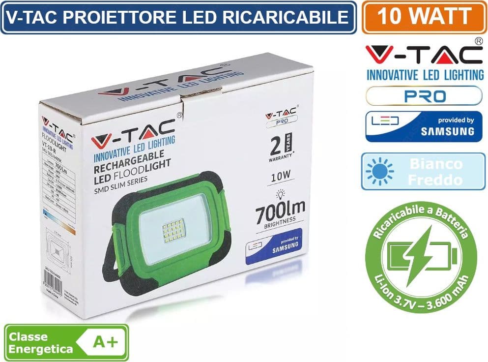 V-TAC PRO VT-10-R FARO LED SMD 10W IP44 RICARICABILE A BATTERIA CON CHIP SAMSUNG BIANCO FREDDO SKU 503 - 5