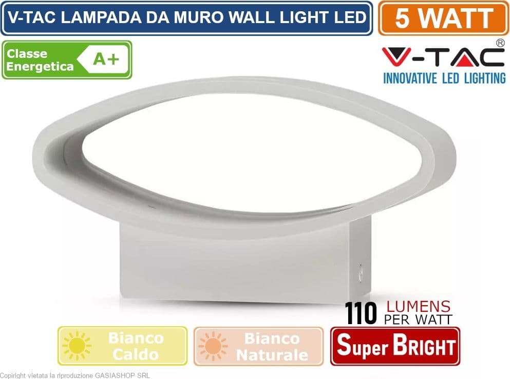 V-TAC VT-705 LAMPADA DA MURO WALL LIGHT LED 5W FORMA ARROTONDATA COLORE BIANCO - SKU 8208 / 8232 - 2