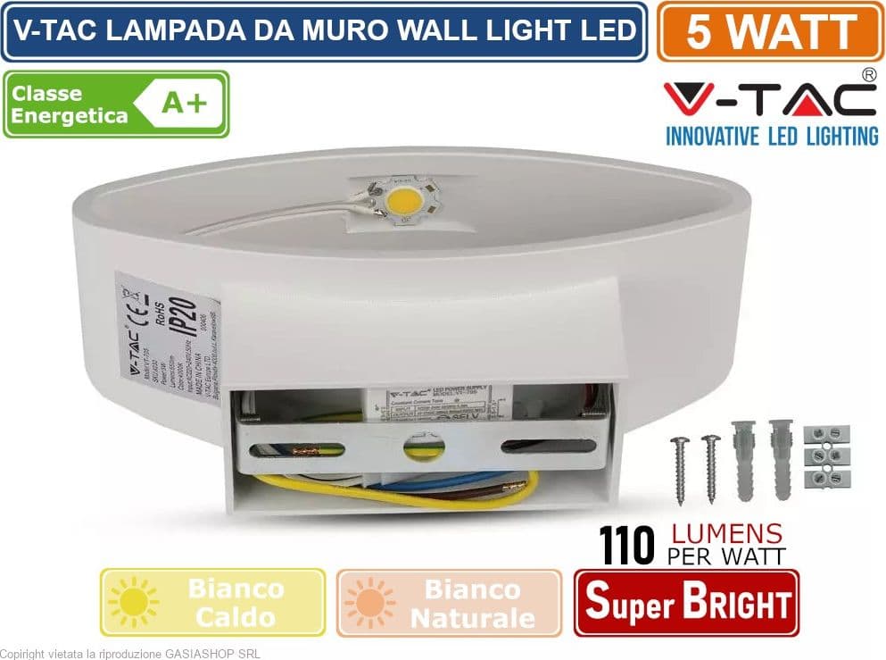 V-TAC VT-705 LAMPADA DA MURO WALL LIGHT LED 5W FORMA ARROTONDATA COLORE BIANCO - SKU 8208 / 8232 - 3