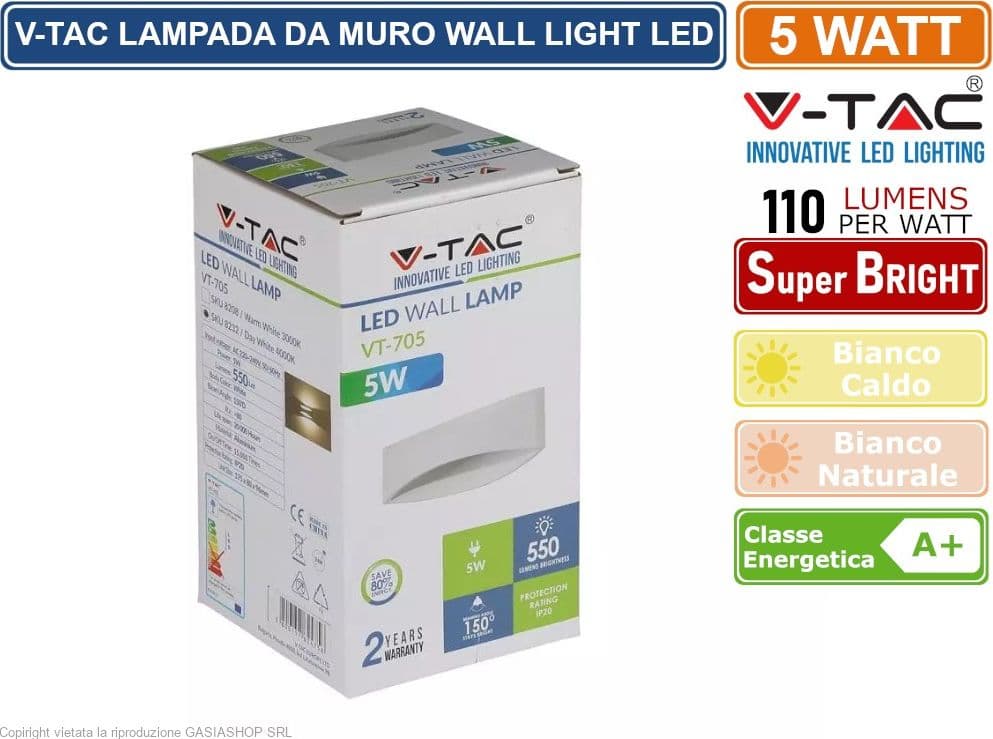 V-TAC VT-705 LAMPADA DA MURO WALL LIGHT LED 5W FORMA ARROTONDATA COLORE BIANCO - SKU 8208 / 8232 - 4