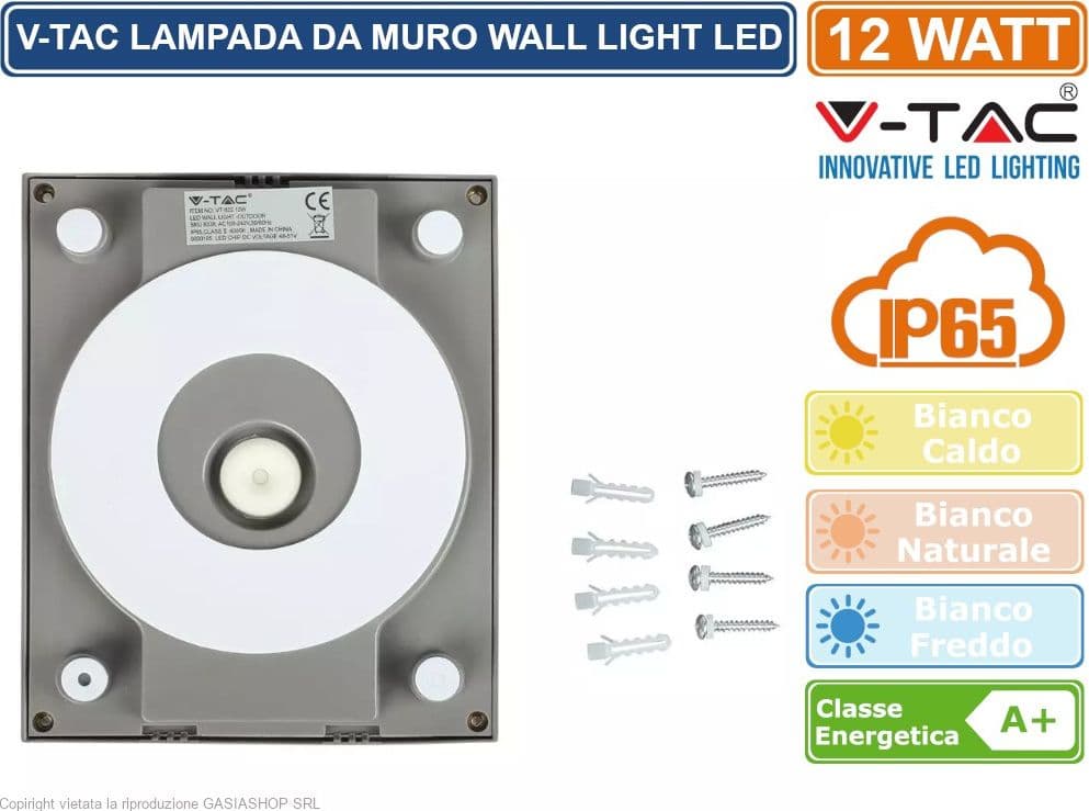 V-TAC VT-822 LAMPADA LED DA MURO 12W WALL LIGHT COLORE GRIGIO - SKU 8337 / 8338 / 8339 - 2