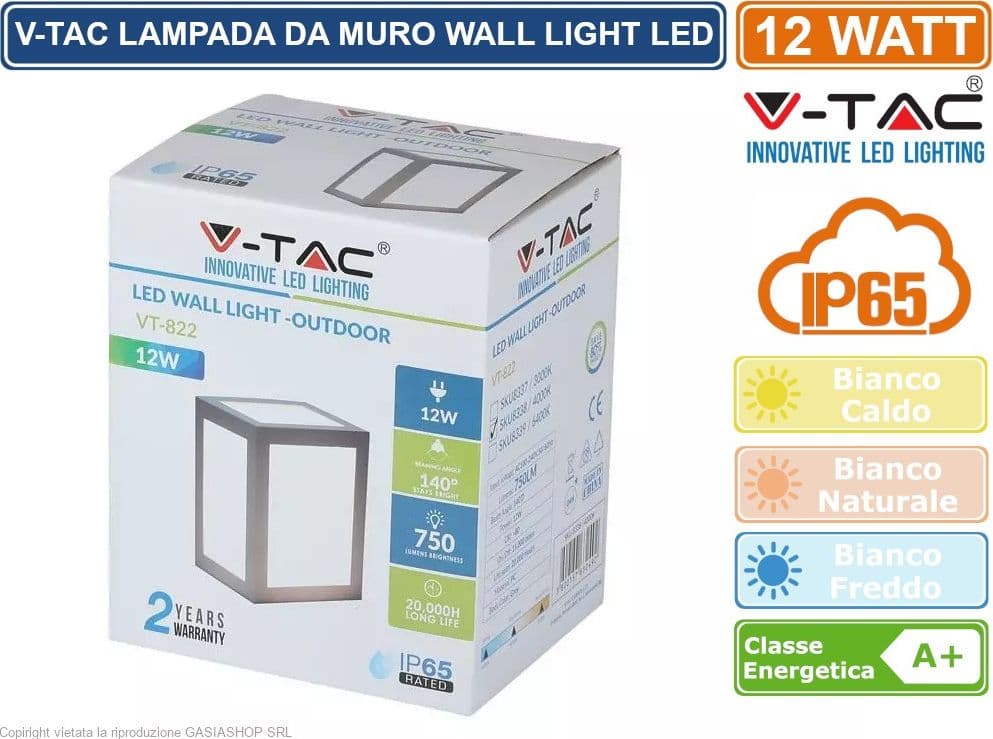 V-TAC VT-822 LAMPADA LED DA MURO 12W WALL LIGHT COLORE GRIGIO - SKU 8337 / 8338 / 8339 - 3